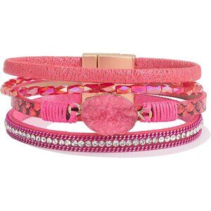 Leather Wrap Bracelet Boho Cuff 7.7 in Crystal Beads Magnetic Clasp Jewelry